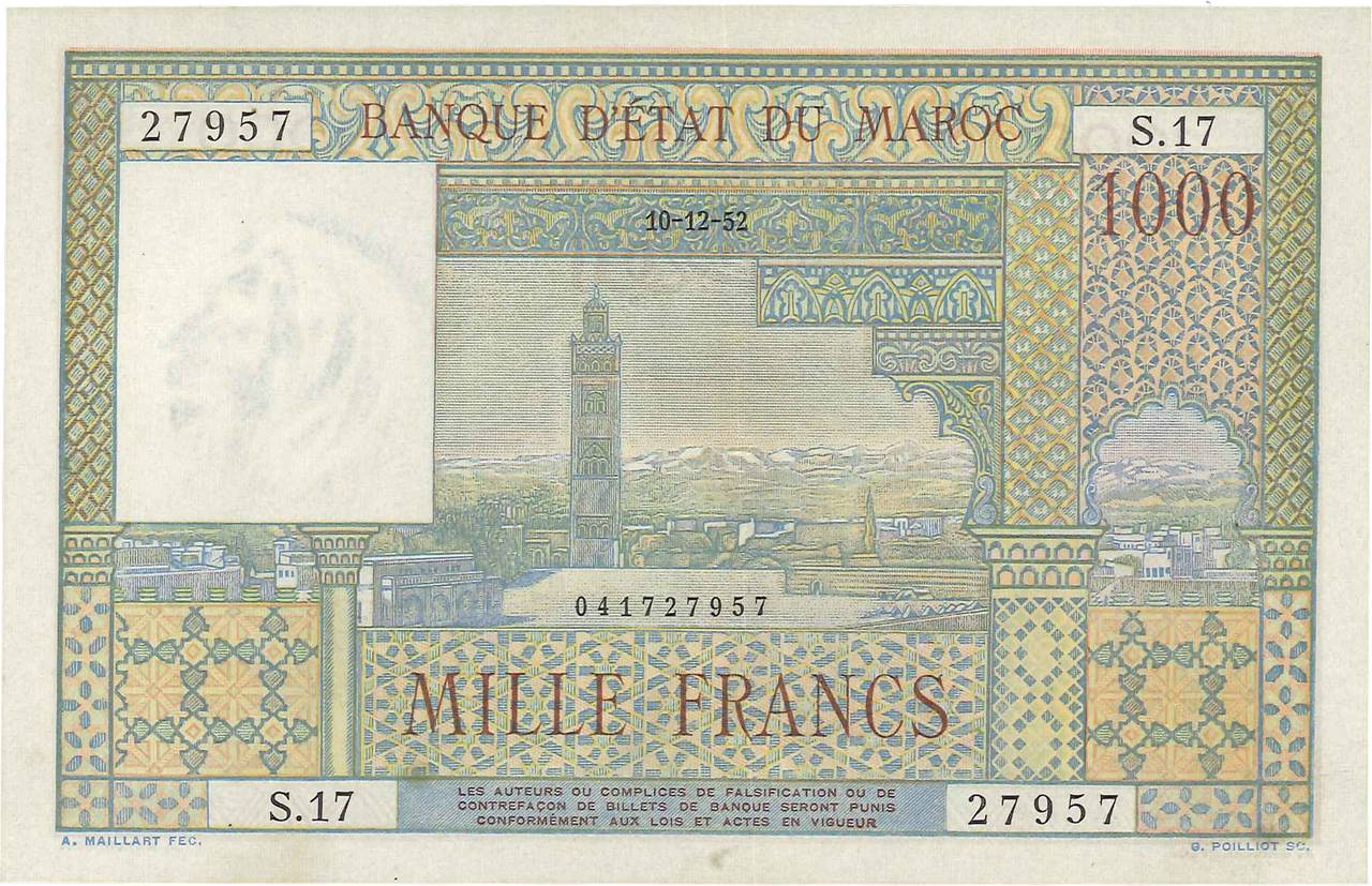 1000 Francs MAROKKO  1952 P.47 fST