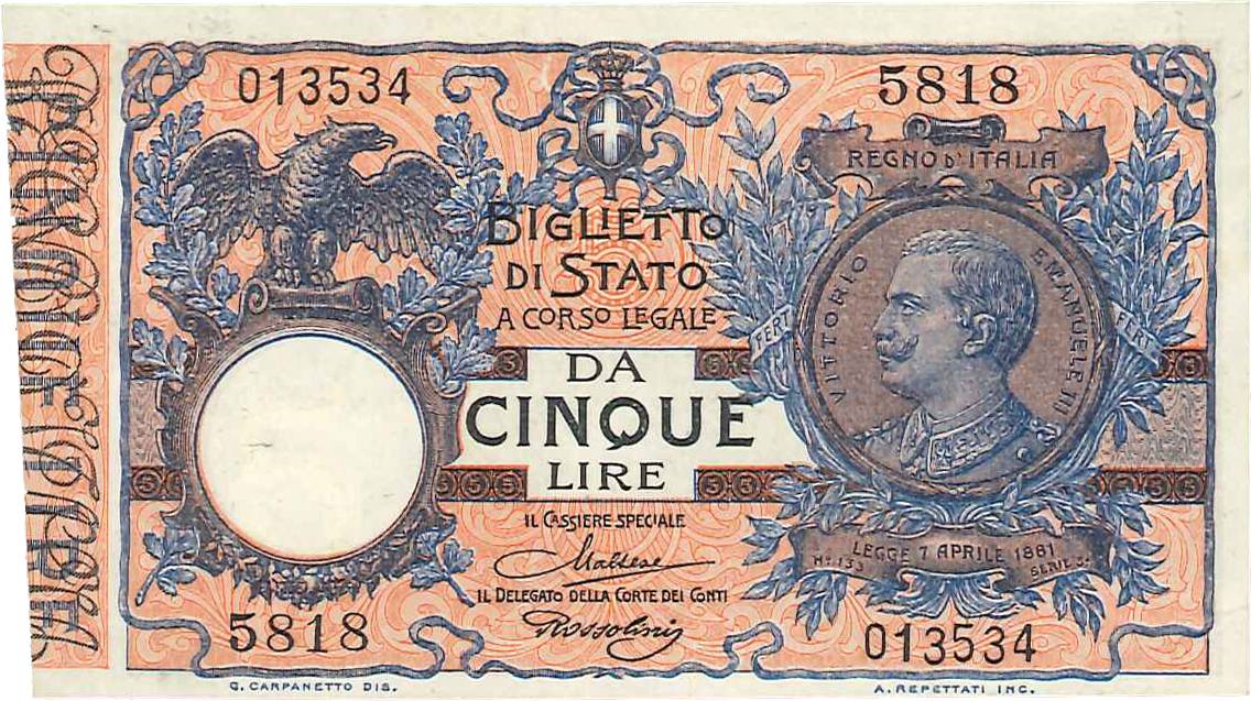 5 Lire ITALY  1923 P.023f UNC