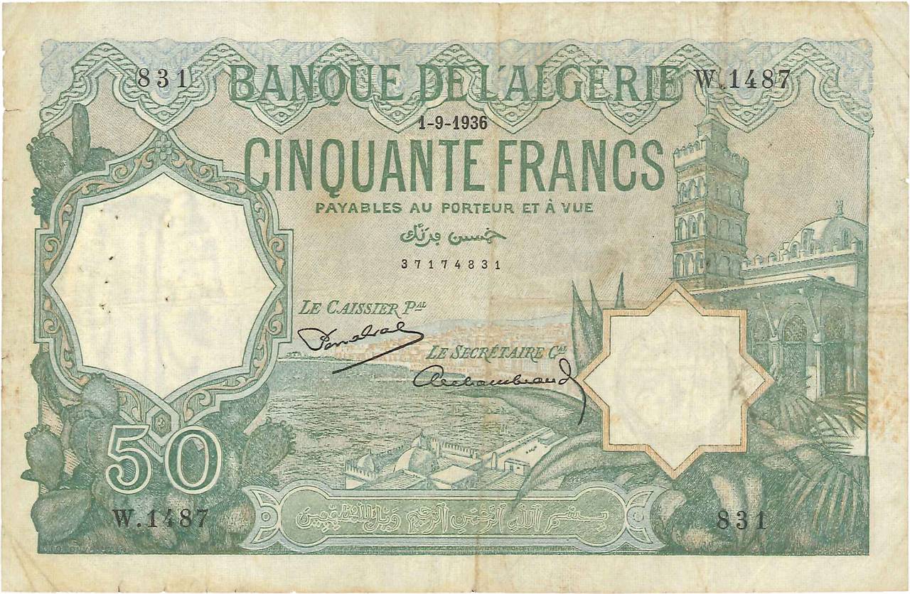 50 Francs ALGERIA  1936 P.080a MB