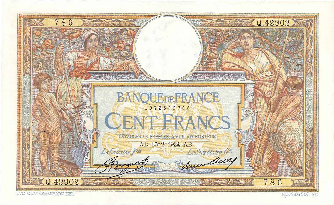 100 Francs LUC OLIVIER MERSON grands cartouches FRANCE  1934 F.24.13 XF