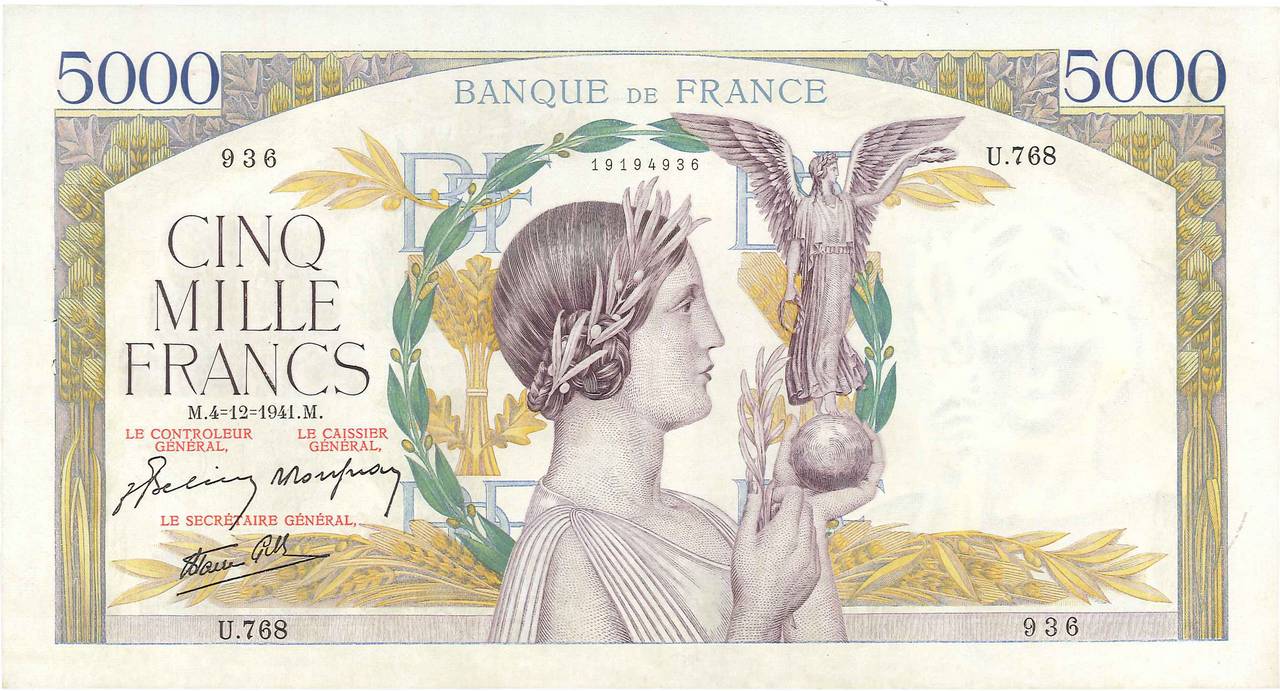 5000 Francs VICTOIRE Impression à plat FRANKREICH  1941 F.46.30 VZ