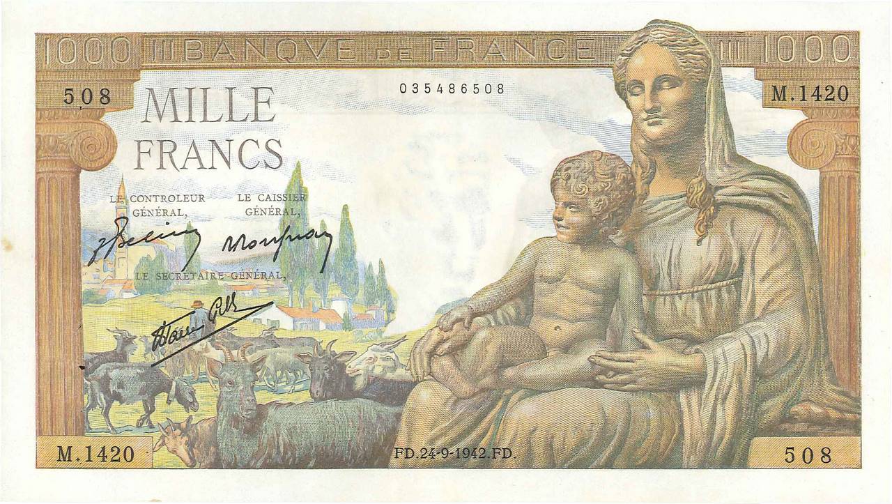 1000 Francs DÉESSE DÉMÉTER FRANCIA  1942 F.40.07 EBC+