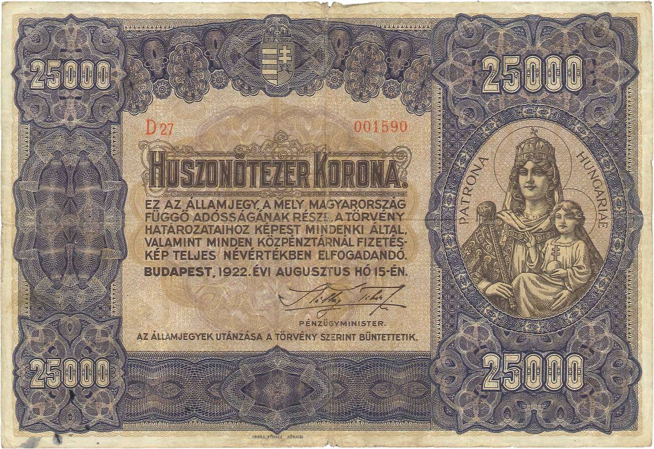 25000 Korona UNGHERIA  1922 P.069a MB