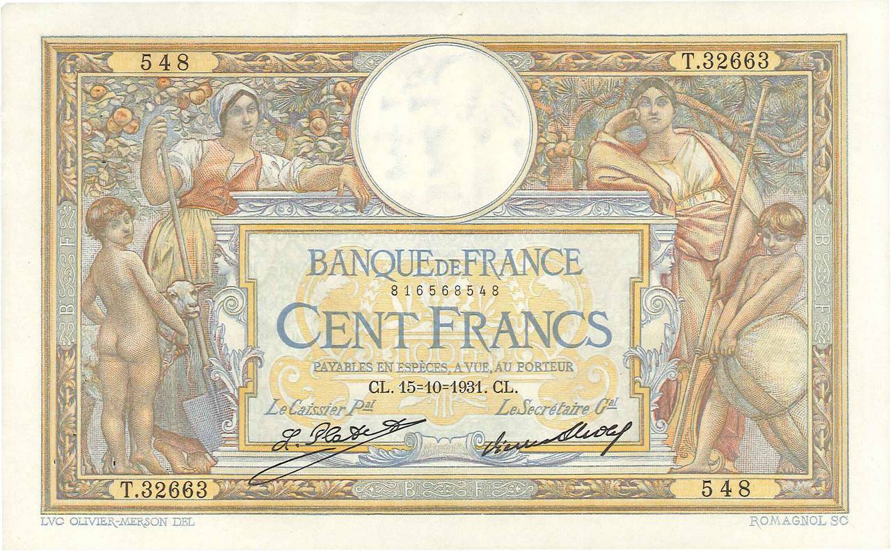 100 Francs LUC OLIVIER MERSON grands cartouches FRANCE  1931 F.24.10 XF