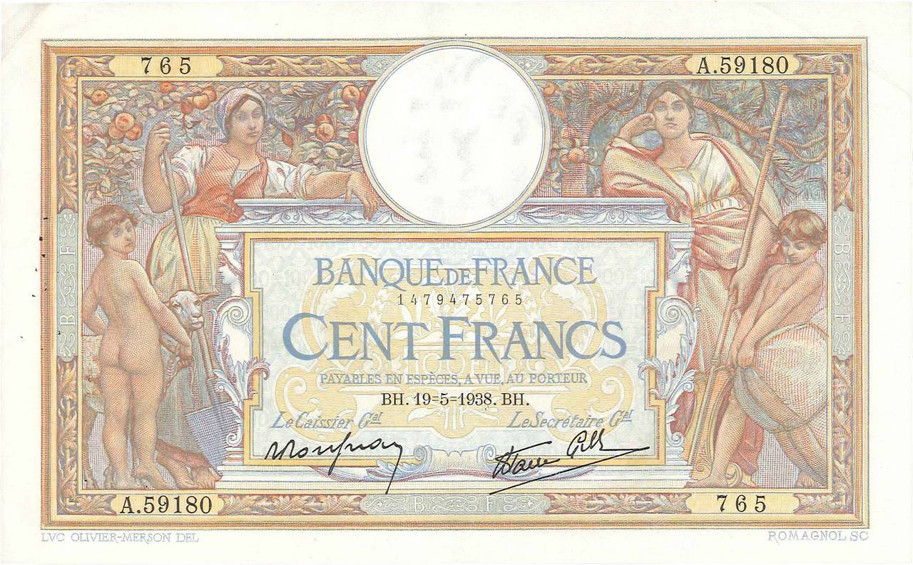 100 Francs LUC OLIVIER MERSON type modifié FRANCIA  1938 F.25.19 q.SPL