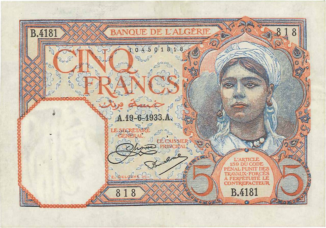 5 Francs ALGERIA  1933 P.077a BB