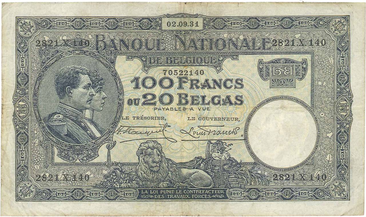 100 Francs - 20 Belgas BELGIEN  1931 P.102 S