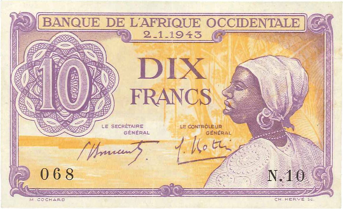 10 Francs FRENCH WEST AFRICA  1943 P.29 VF