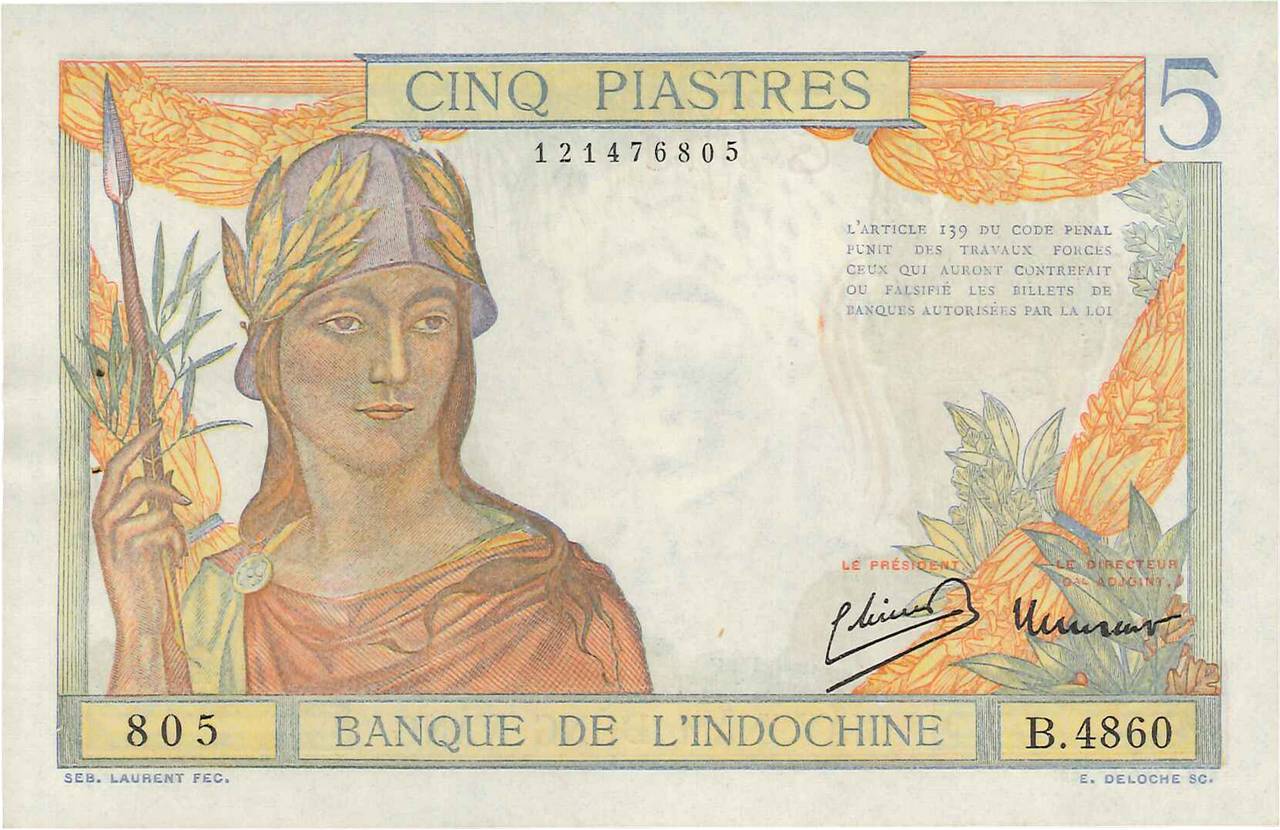 5 Piastres FRENCH INDOCHINA  1949 P.055d AU
