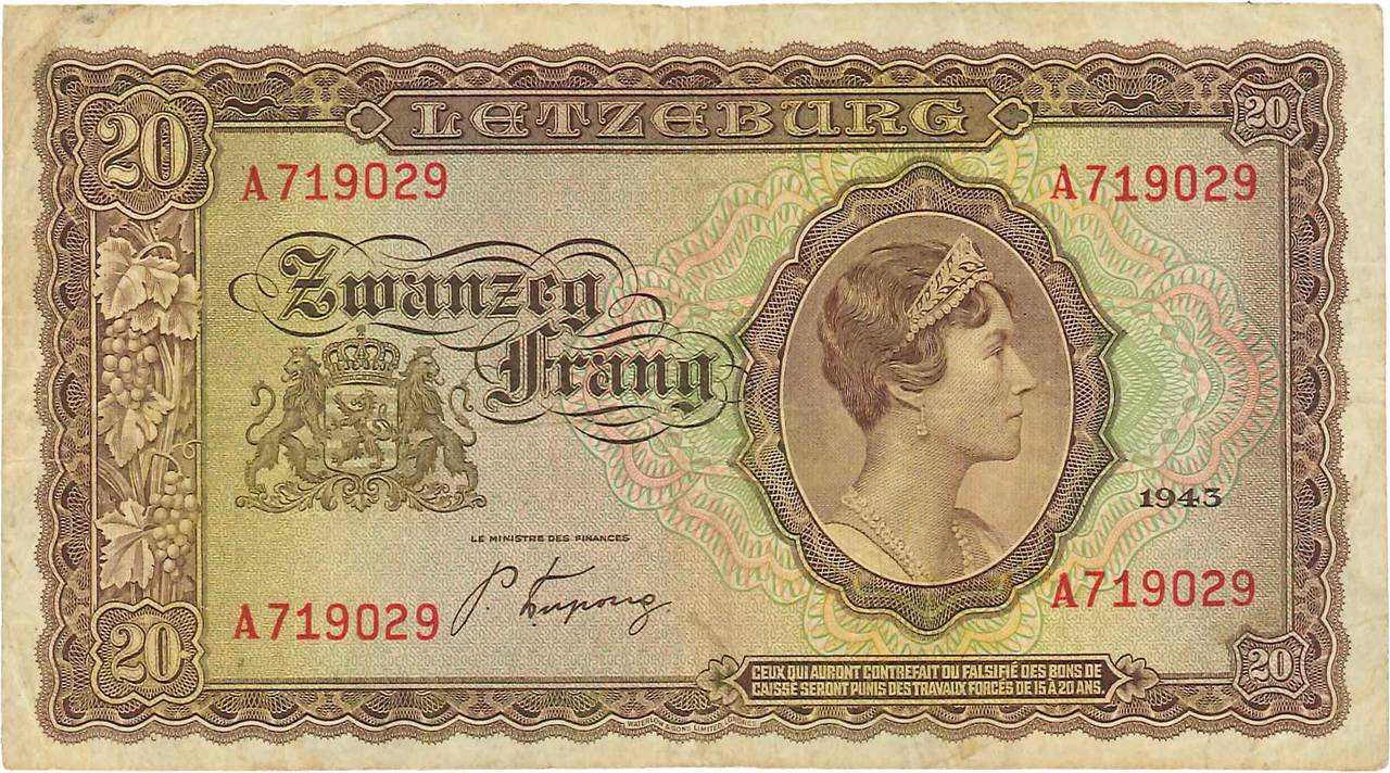 20 Frang LUXEMBOURG  1943 P.42a VF