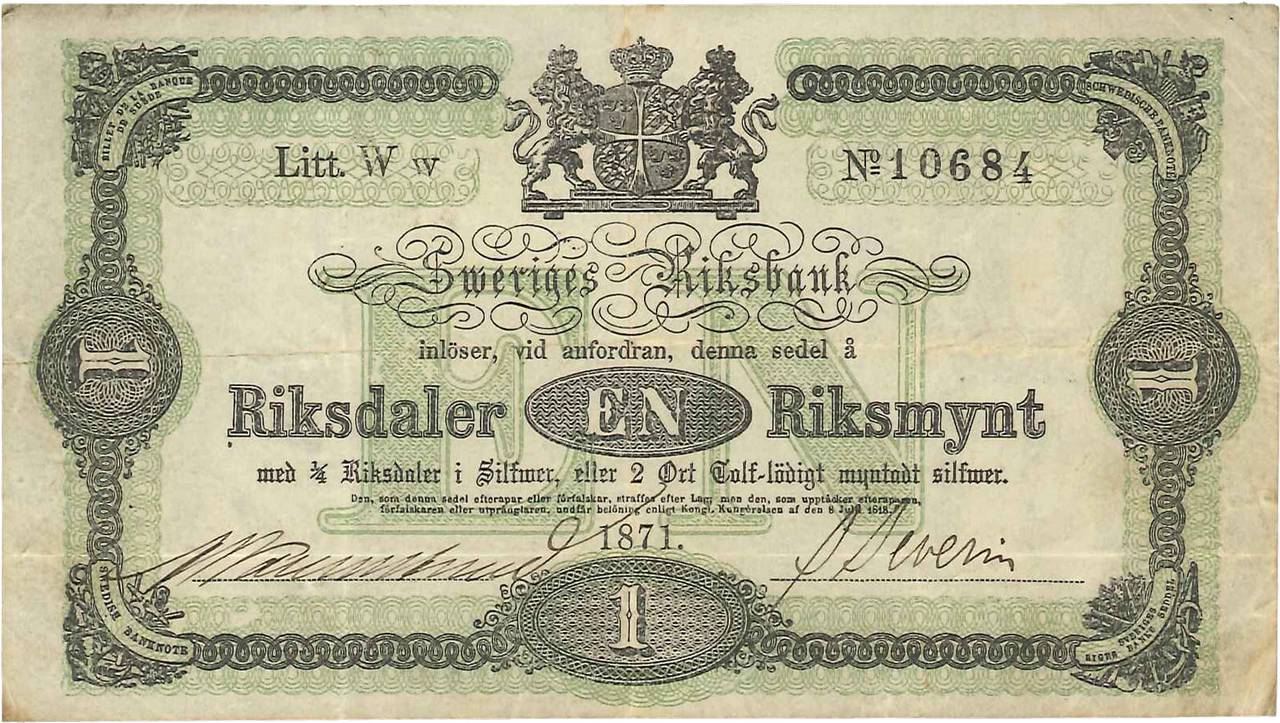 1 Riksdaler SWEDEN  1871 P.A139a VF