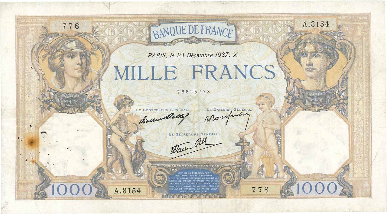 1000 Francs CÉRÈS ET MERCURE type modifié FRANCE  1937 F.38.08 F