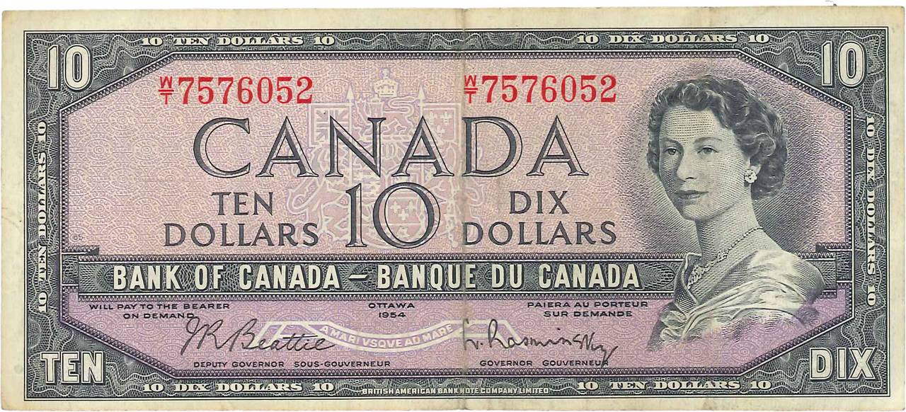 10 Dollars CANADá
  1954 P.079b BC a MBC
