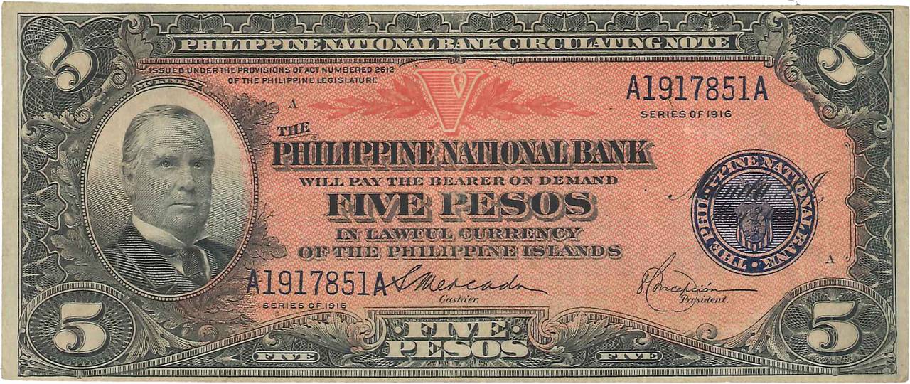 5 Pesos FILIPPINE  1916 P.046b q.SPL