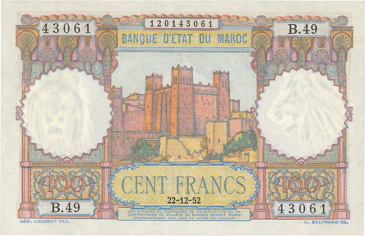 100 Francs MAROCCO  1952 P.45 AU