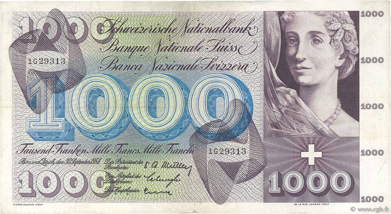 1000 Francs SWITZERLAND  1954 P.52a VF+