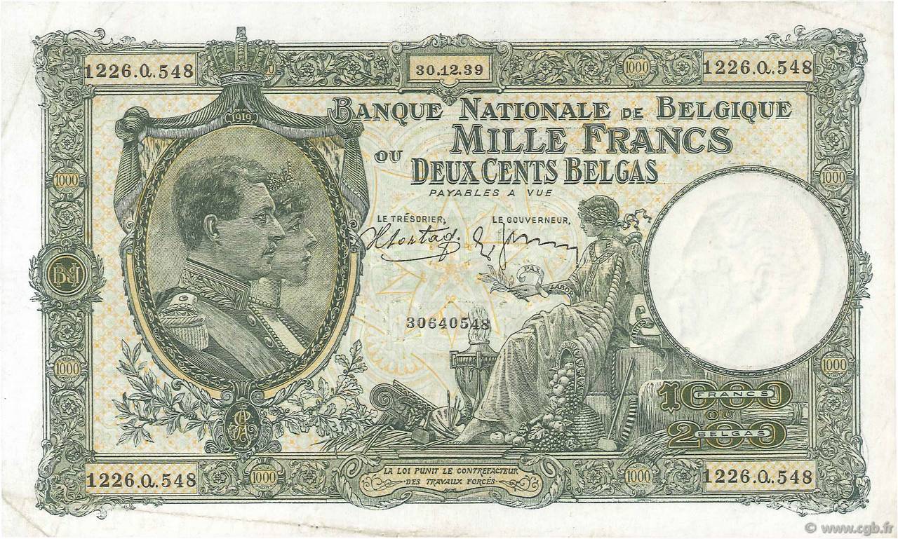 1000 Francs - 200 Belgas BELGIEN  1939 P.110 VZ