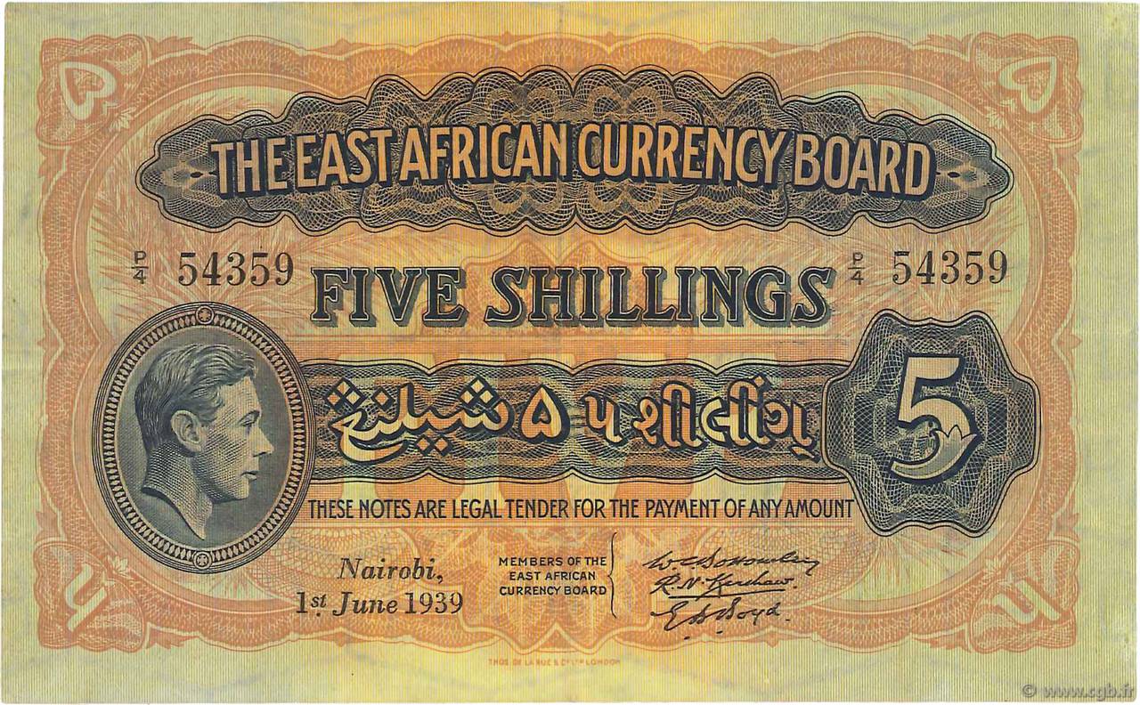 5 Shillings BRITISCH-OSTAFRIKA  1939 P.26Aa fVZ