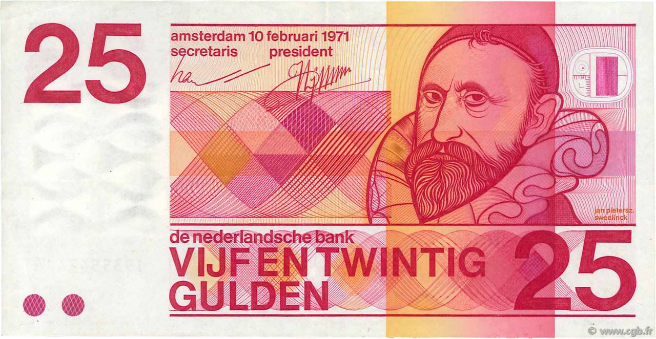 25 Gulden NETHERLANDS  1971 P.092a VF