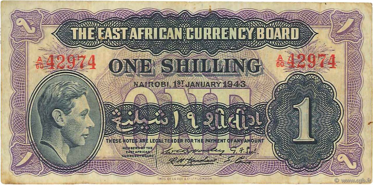 1 Shilling EAST AFRICA  1943 P.27 F