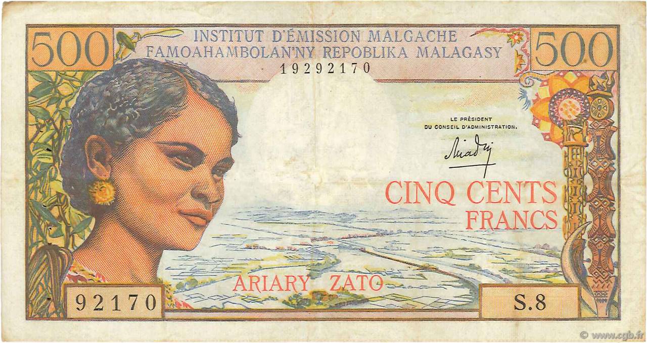 500 Francs - 100 Ariary MADAGASCAR  1966 P.058a BB