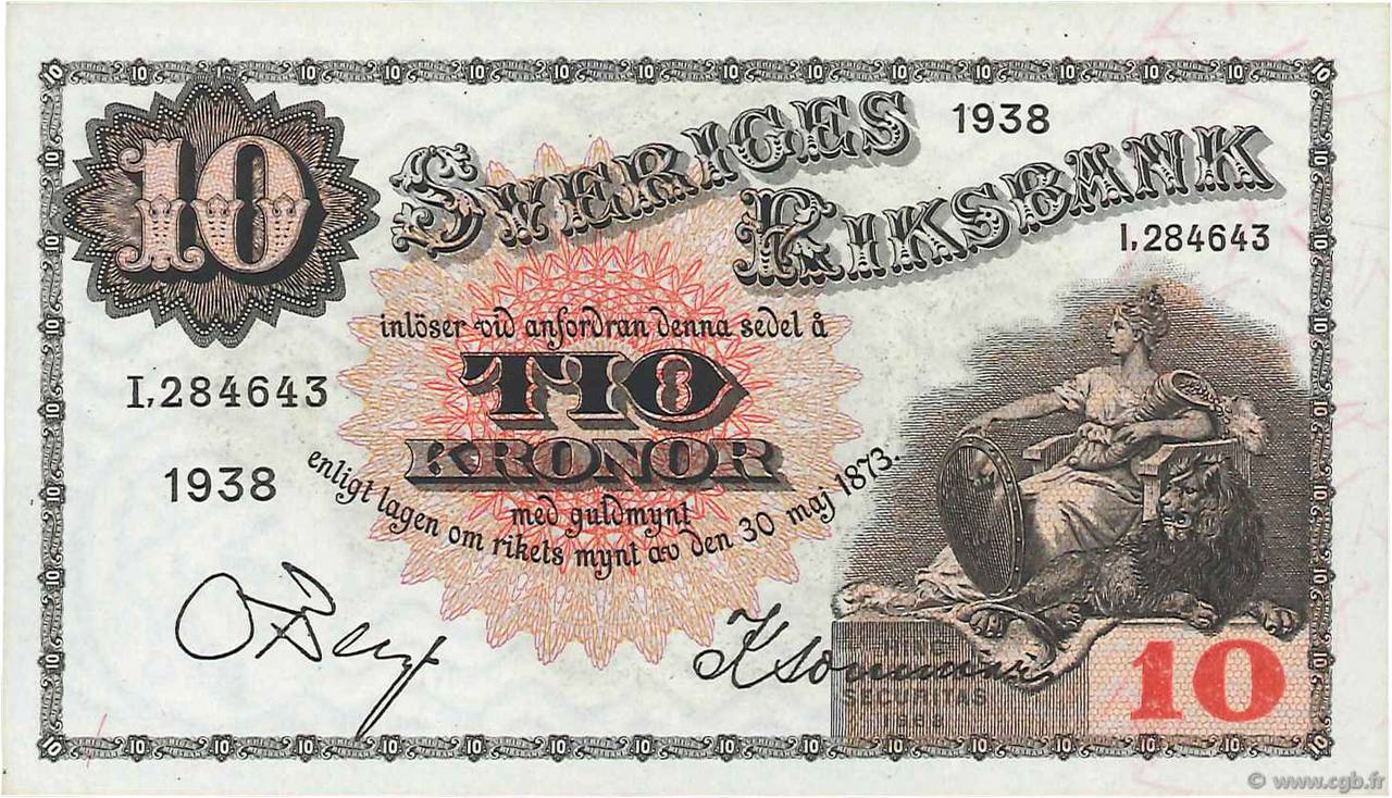 10 Kronor SUÈDE  1938 P.34u fST+