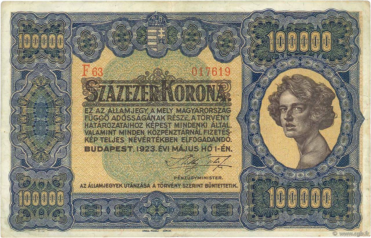 100000 Korona HUNGRíA  1923 P.072a MBC