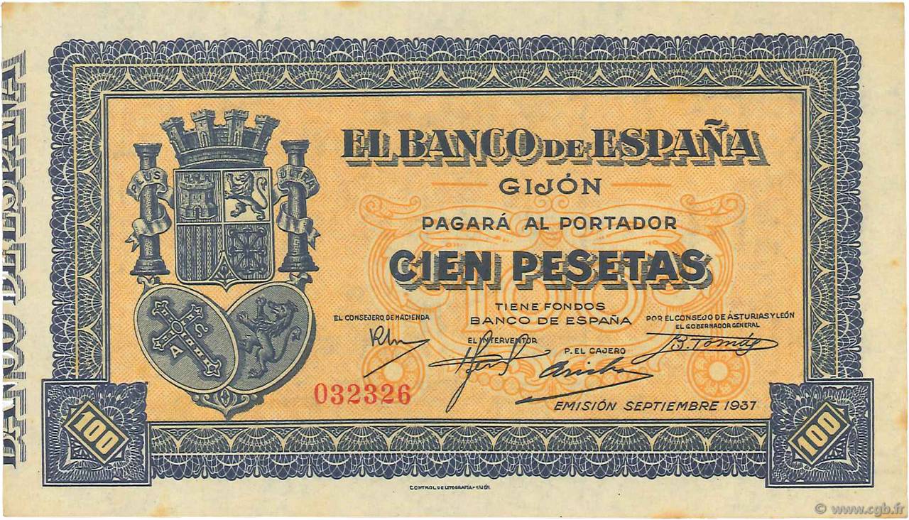 100 Pesetas SPAIN Gijon 1937 PS.580 AU