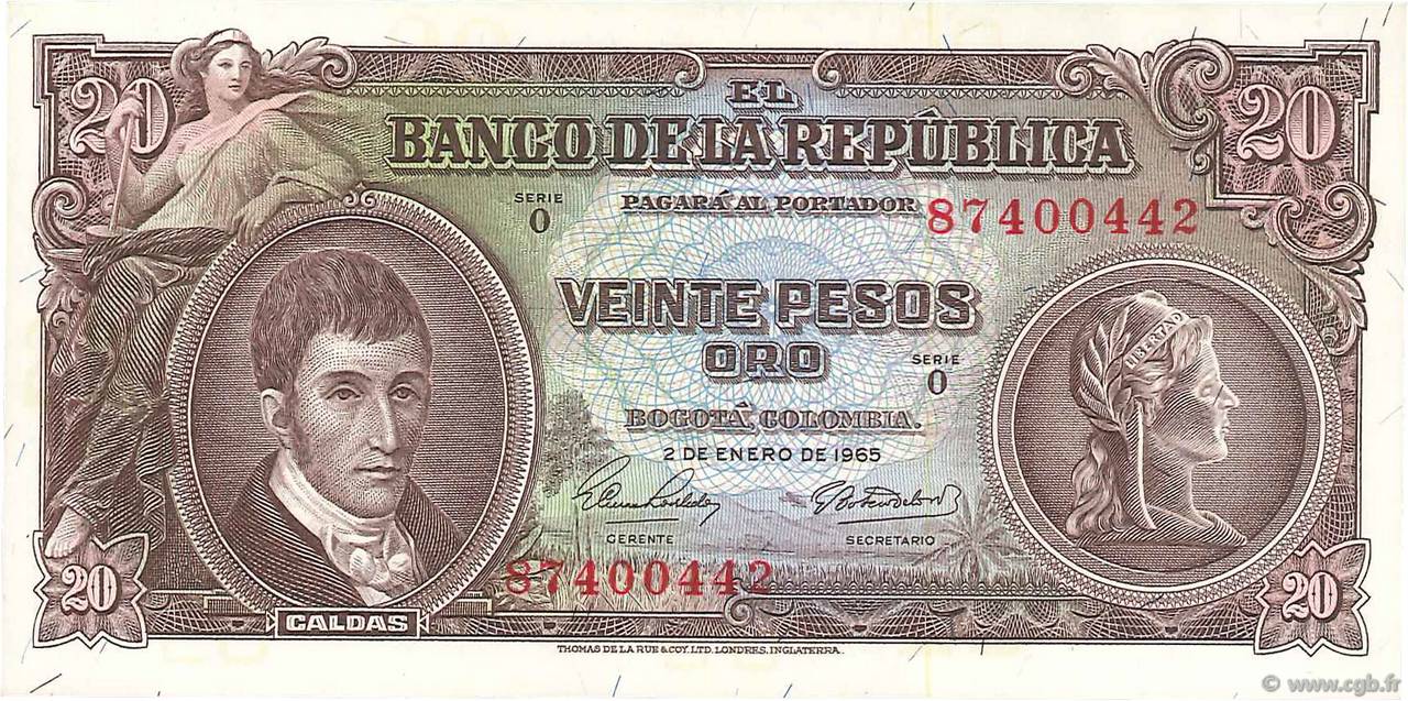 20 Pesos Oro COLOMBIA  1965 P.401c AU