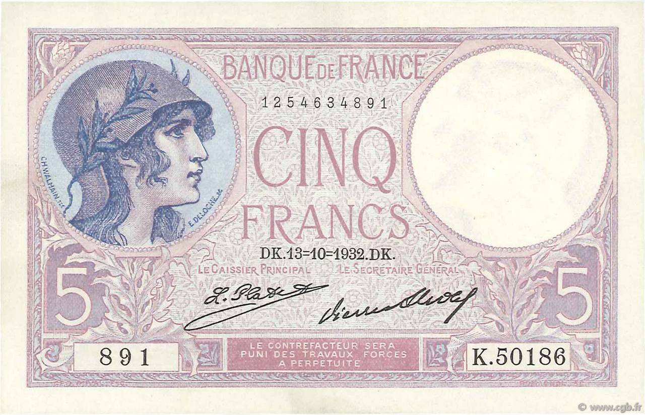 5 Francs FEMME CASQUÉE FRANCIA  1932 F.03.16 q.AU