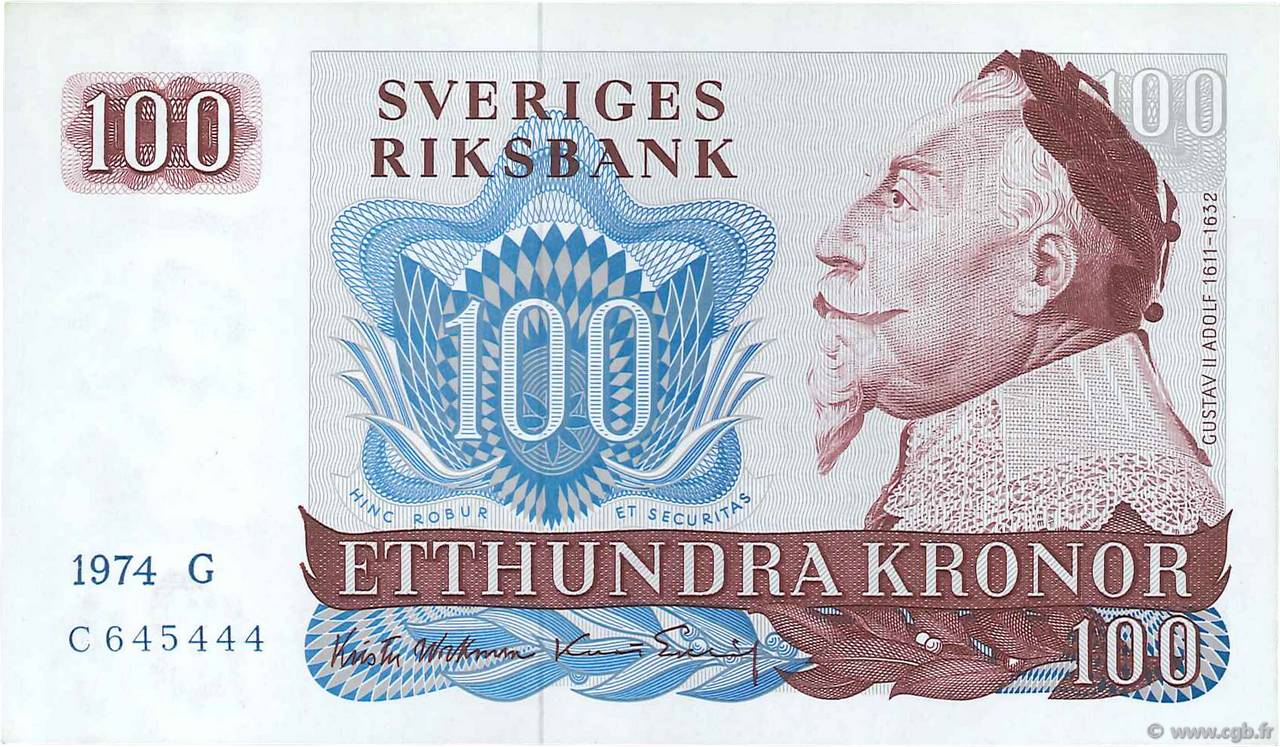 100 Kronor SWEDEN  1976 P.54b AU+