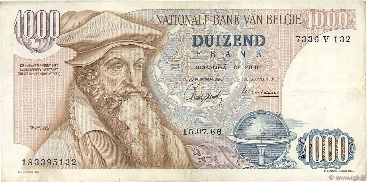 1000 Francs BELGIUM  1966 P.136a F+