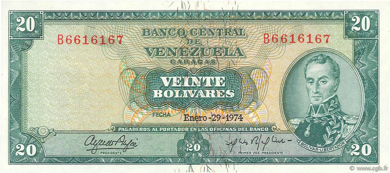 20 Bolivares VENEZUELA  1974 P.046e UNC-