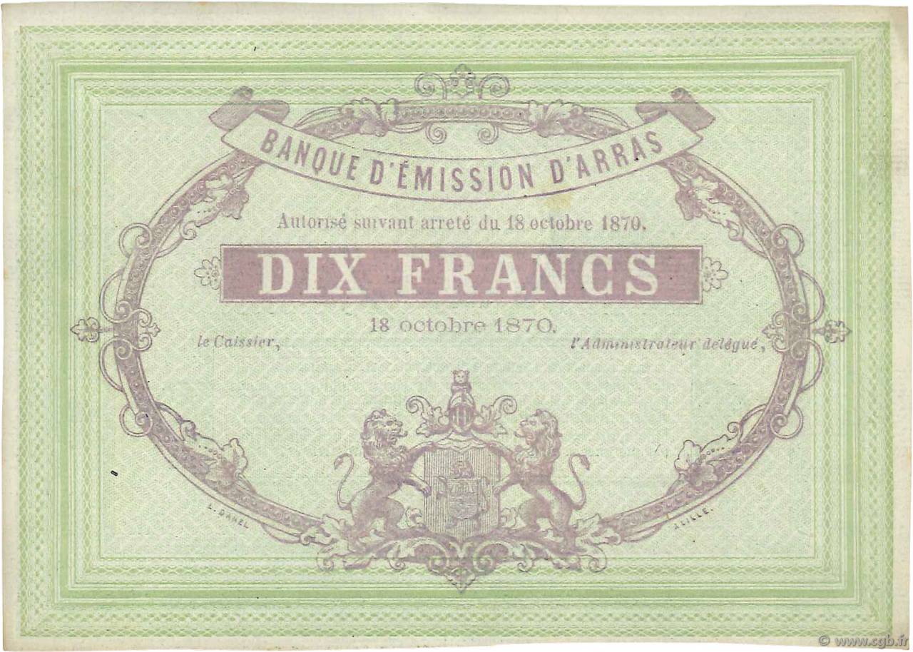 10 Francs Non émis FRANCE regionalism and various Arras 1870 JER.62.02C AU
