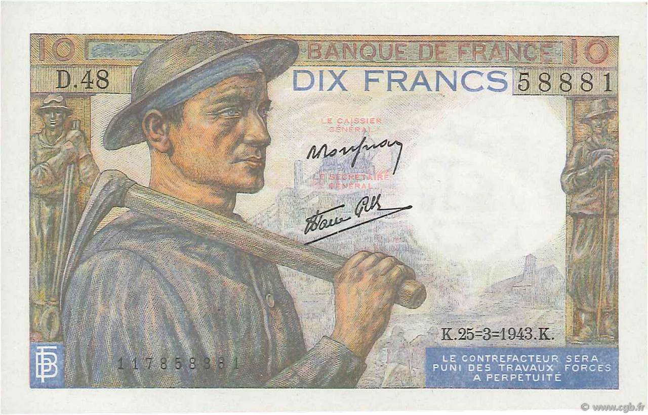 10 Francs MINEUR FRANCIA  1943 F.08.08 q.FDC