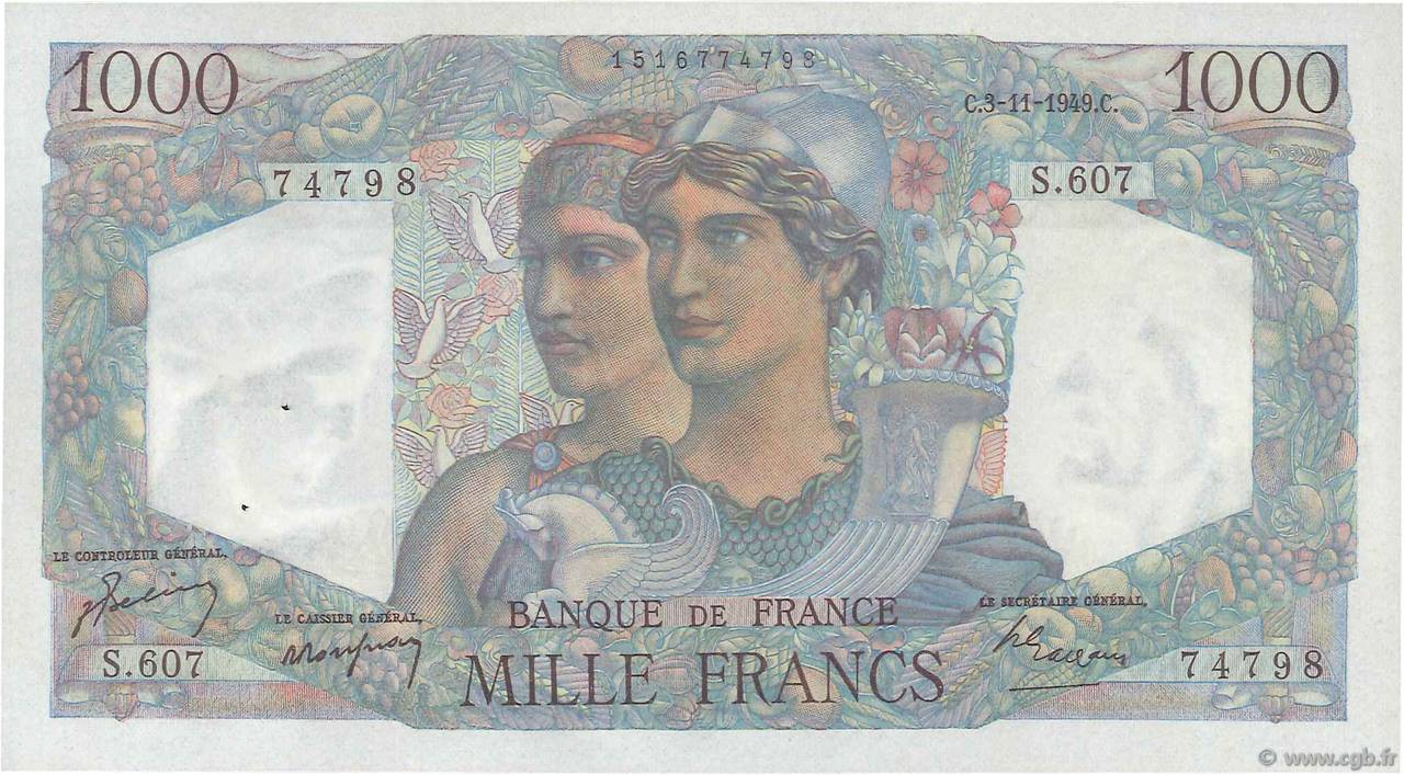 1000 Francs MINERVE ET HERCULE FRANCE  1949 F.41.29 SPL
