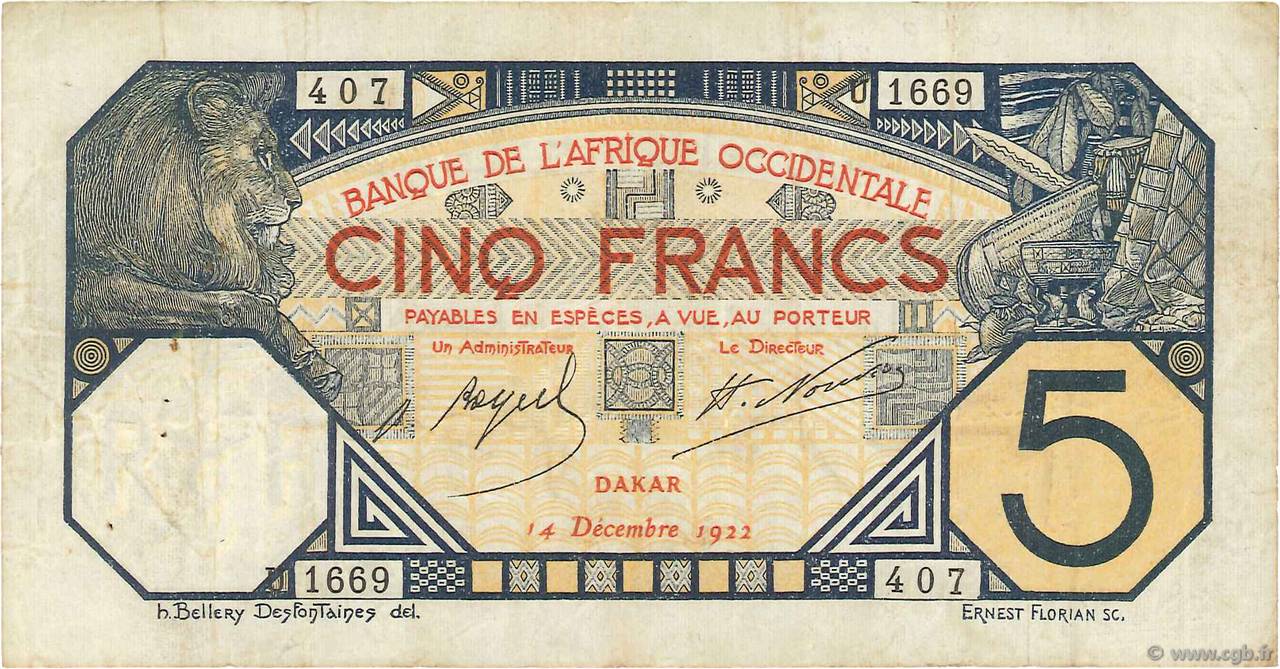 5 Francs DAKAR FRENCH WEST AFRICA Dakar 1922 P.05Bb MB a BB