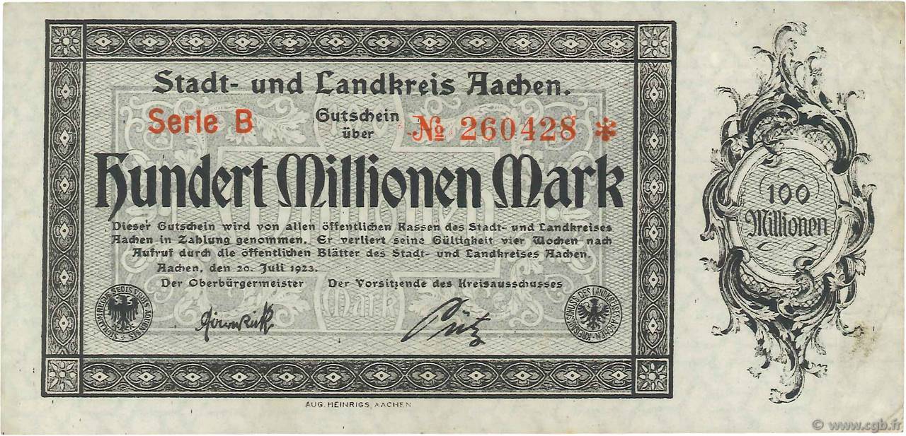 100 Millions Mark ALLEMAGNE Aachen - Aix-La-Chapelle 1923  TTB+