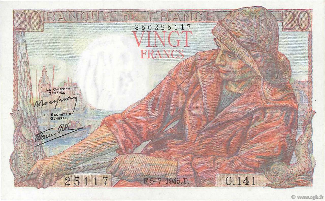 20 Francs PÊCHEUR FRANCE  1945 F.13.10 AU