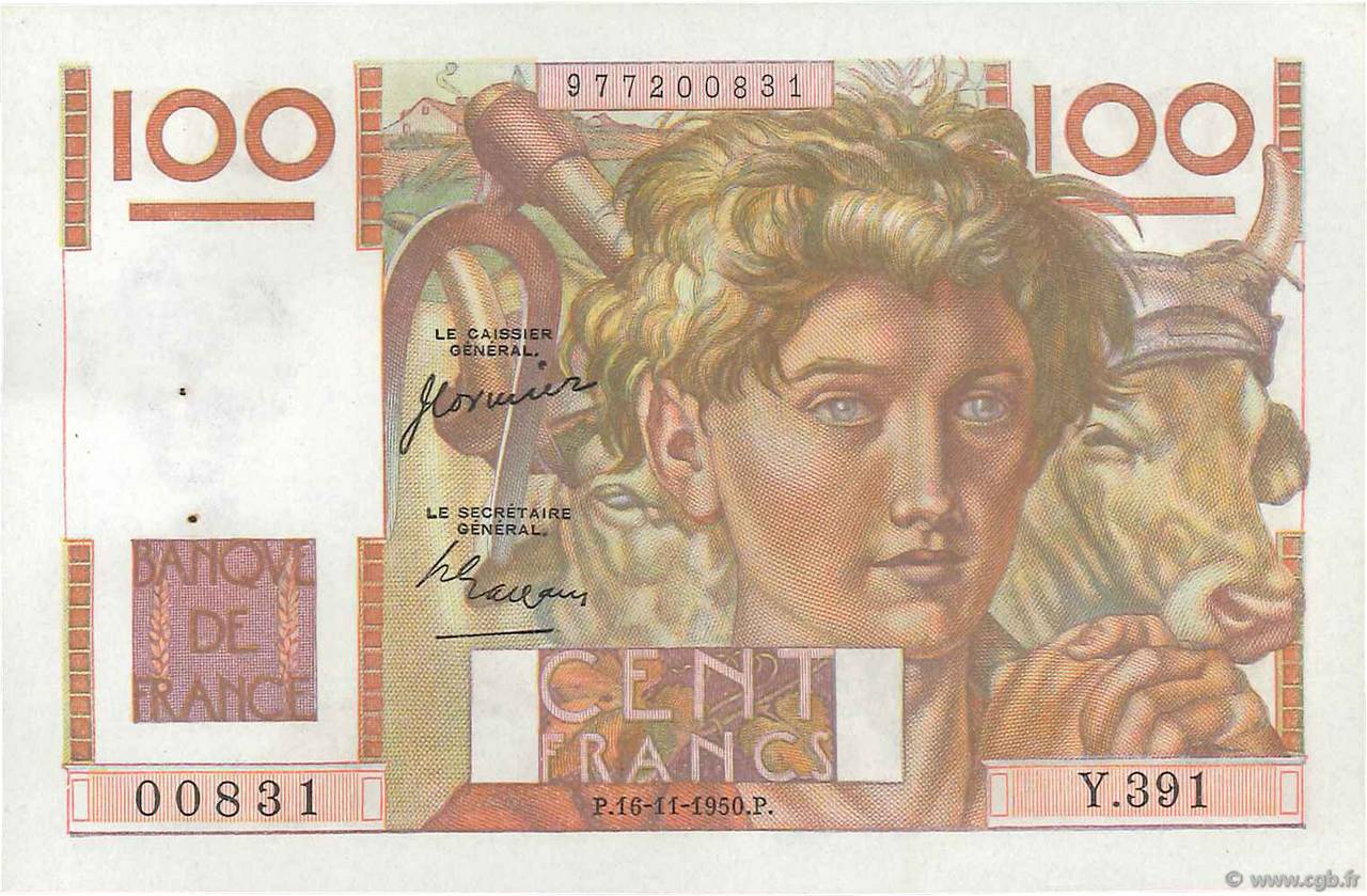 100 Francs JEUNE PAYSAN FRANKREICH  1950 F.28.28 VZ to fST