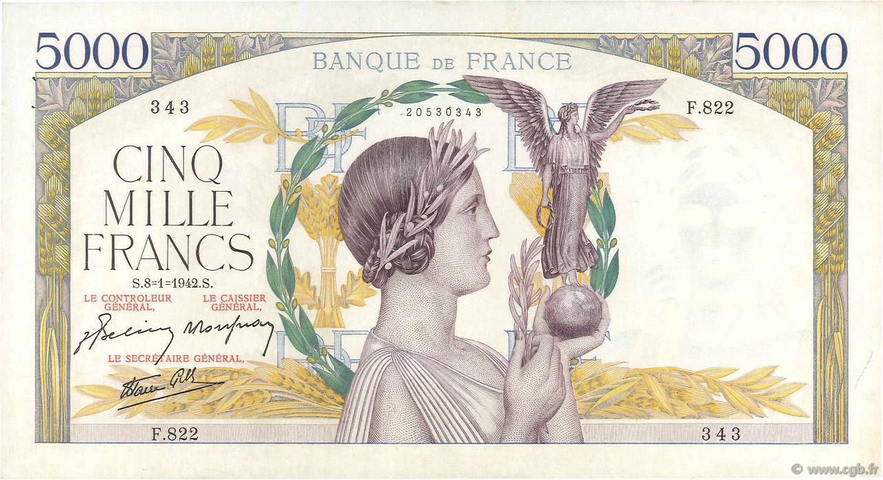 5000 Francs VICTOIRE Impression à plat FRANCE  1942 F.46.32 XF