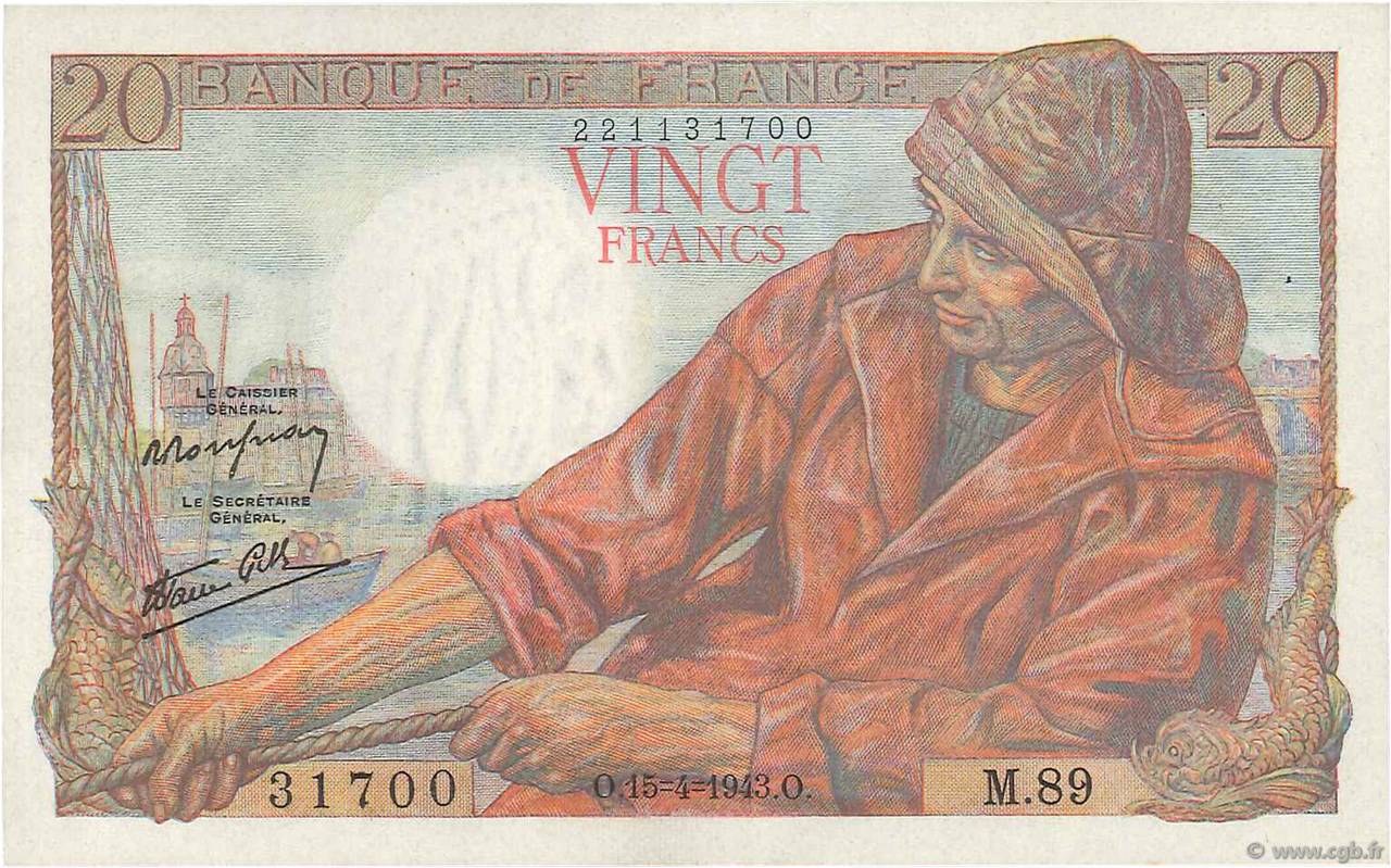 20 Francs PÊCHEUR FRANCE  1943 F.13.06 AU-