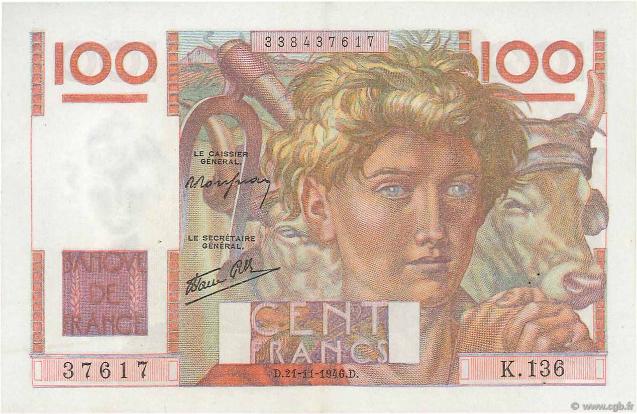 100 Francs JEUNE PAYSAN FRANKREICH  1946 F.28.11 VZ+