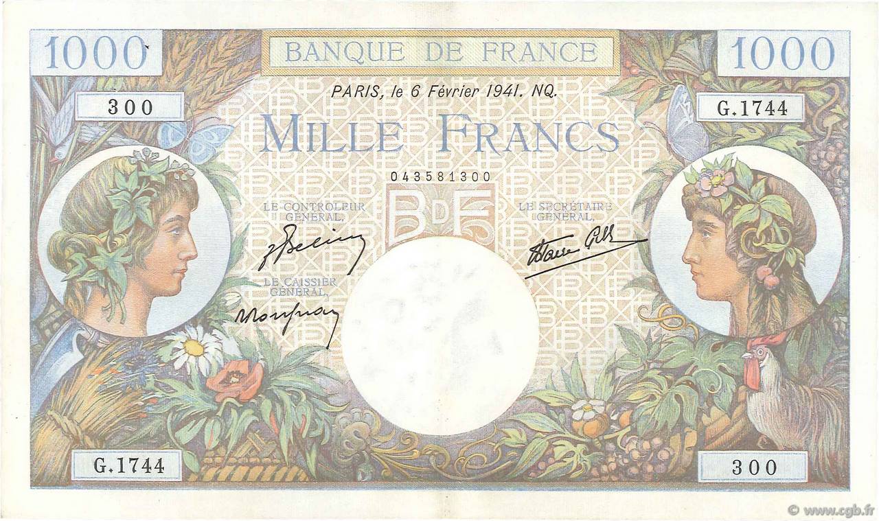 1000 Francs COMMERCE ET INDUSTRIE FRANCE  1941 F.39.04 XF+