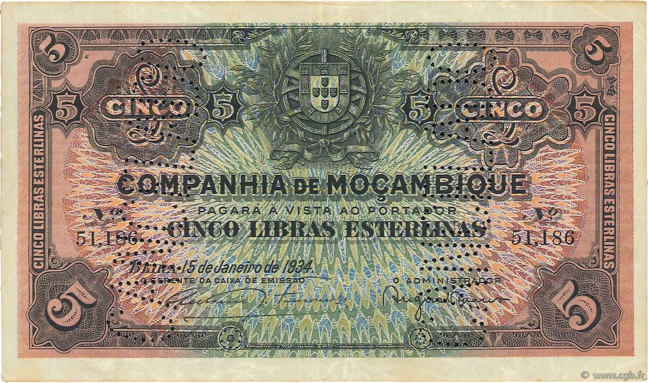 5 Libras MOZAMBIQUE Beira 1934 P.R32 MBC