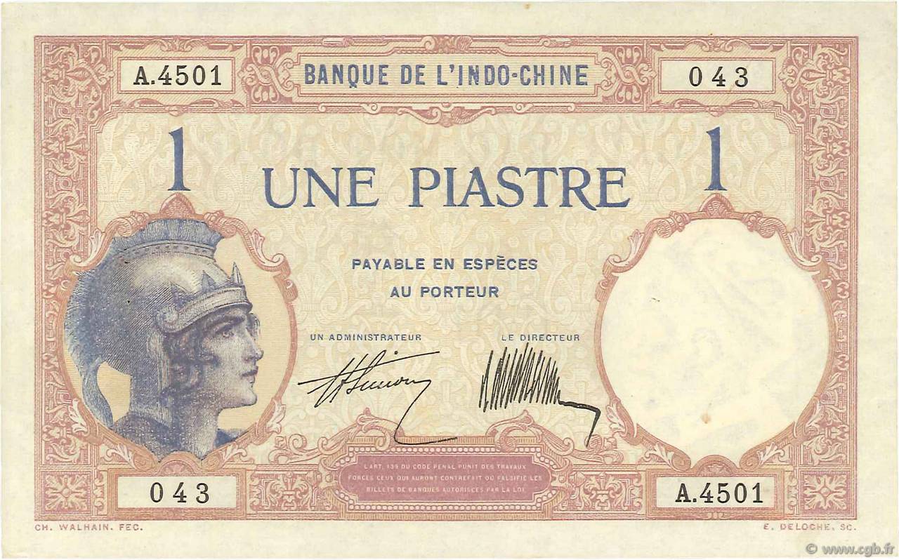 1 Piastre INDOCINA FRANCESE  1927 P.048b q.SPL