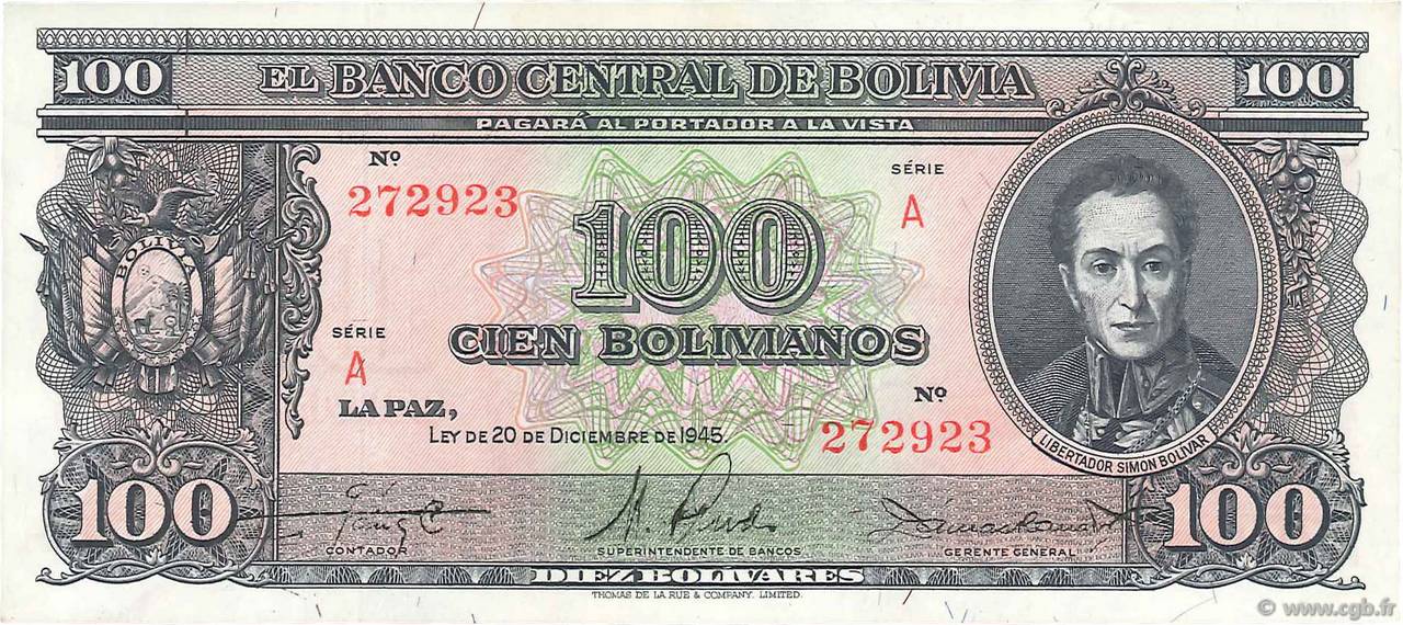 100 Bolivianos BOLIVIEN  1945 P.142 fST+