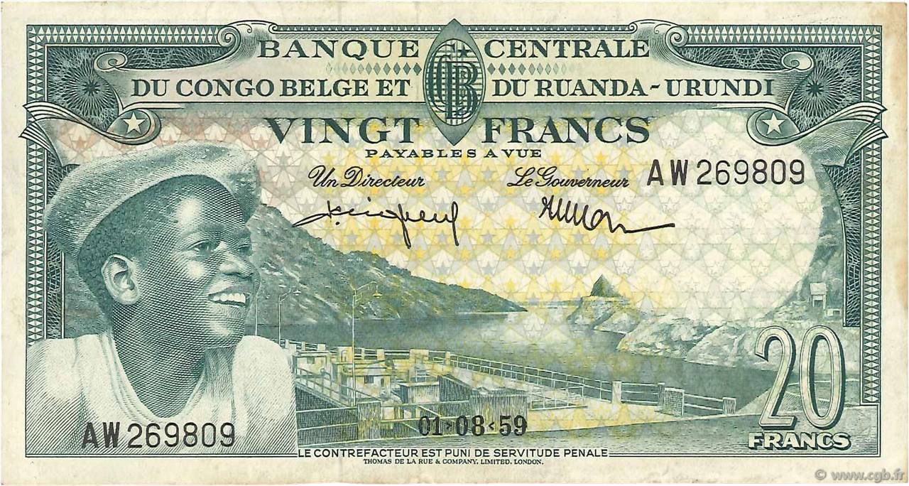 20 Francs CONGO BELGA  1959 P.31 BB