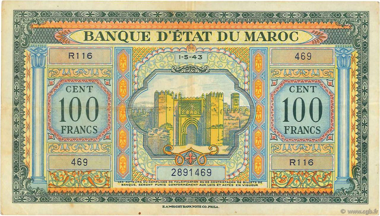 100 Francs MARUECOS  1943 P.27a MBC