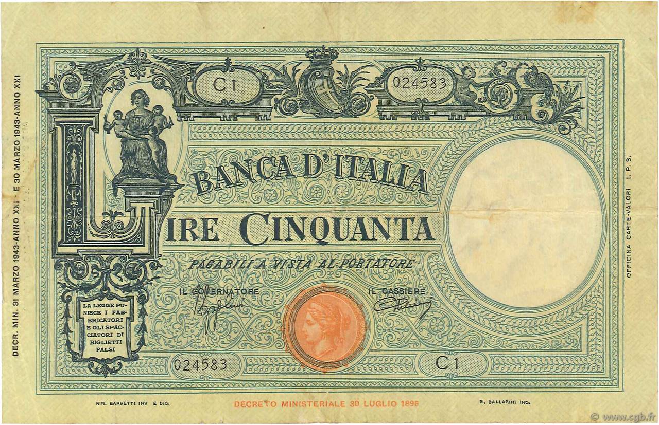 50 Lire ITALIA  1943 P.064a MBC